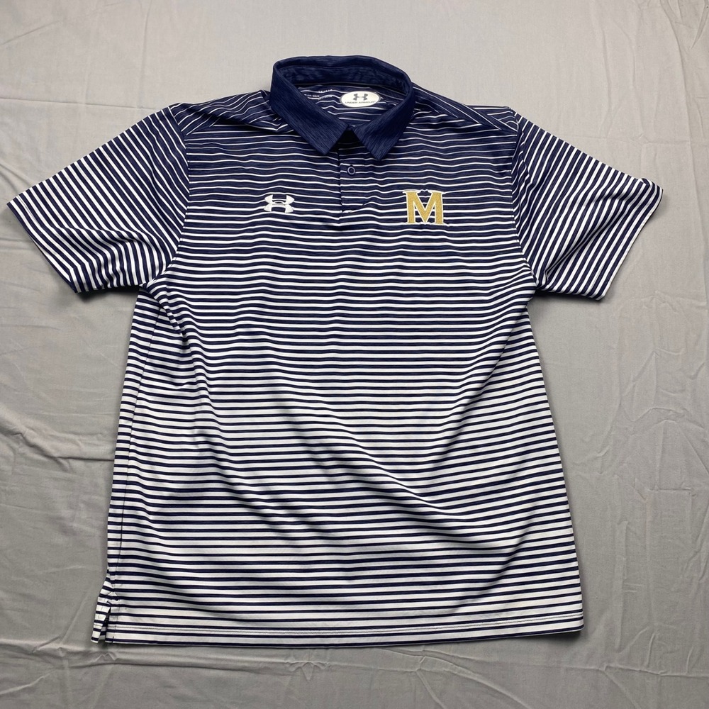 Under Armour HeatGear Mens Large Navy‎ Striped Polo Shirt Michigan M Logo - Picture 3 of 9